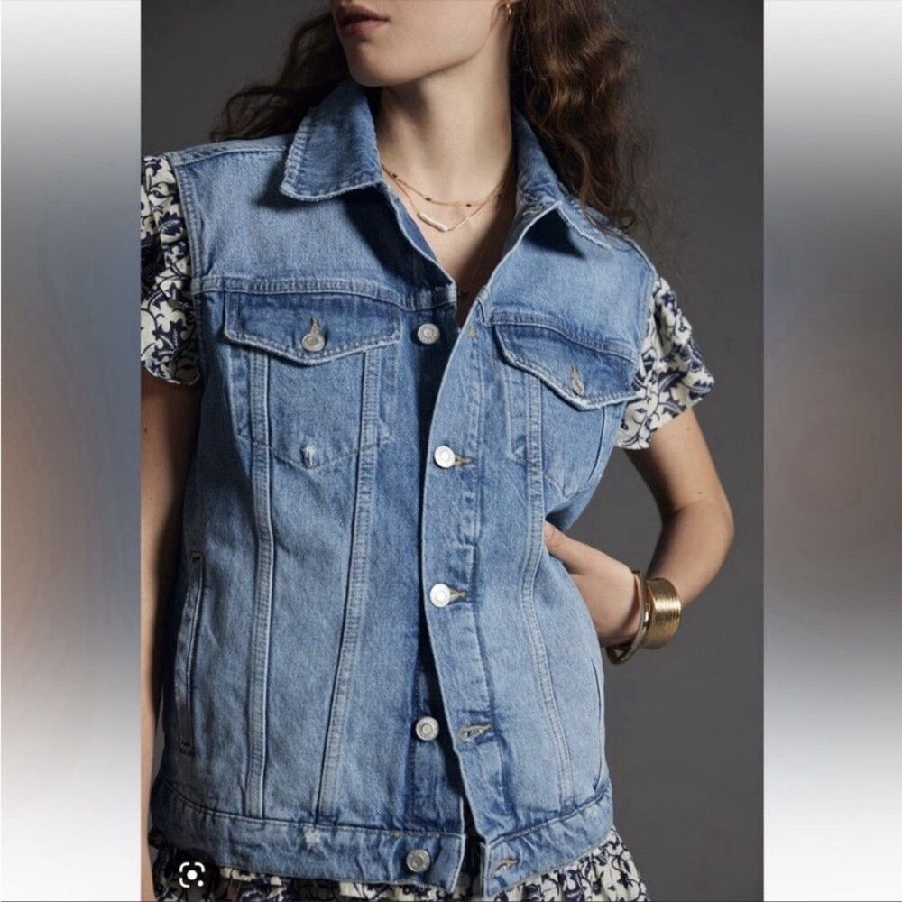Anthropologie Pilcro Denim Trucker Vest Women’s XS Oversized Jean Jacket Preppy